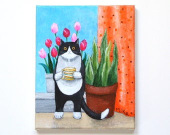 Original Cat Painting, Quirky Tuxedo Cat Portrait, Mother's day gift, Whimsical Kitchen Wall Décor, Coffee Art, Cat Lover Fathers day Gift