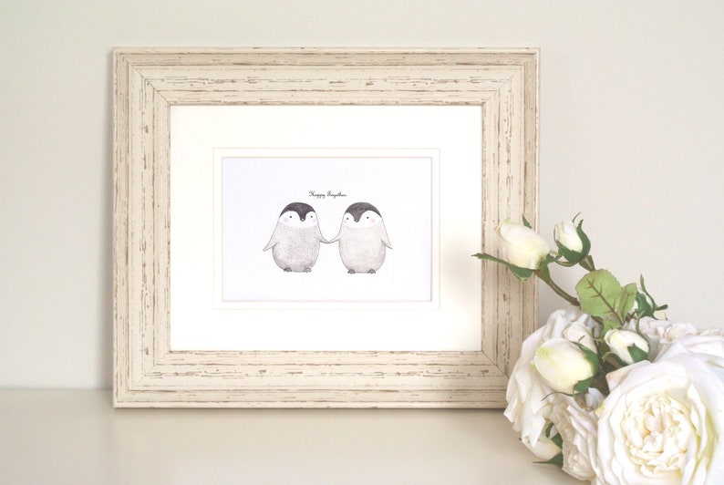 Penguin Couple Print, Unique Wedding Gift, Penguin Love Illustration, Watercolor Penguins Print, Anniversary Gift, Black and White Wall Art image 2