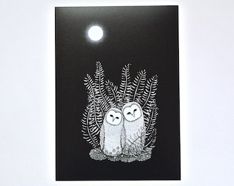 Barn Owl Print, Owl Couple under Moonlight, Dark Forest Art print, Black and white Wall Art, Moon Wall Décor, Wedding Anniversary gift, MiKa