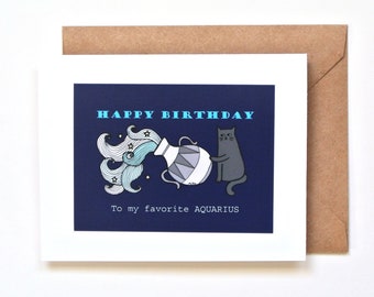 Funny Aquarius Birthday Card, Black Cat greeting card, Funny Zodiac Sign Horoscope Birthday Gift, Cat Lover gift, Dark Humor birthday card