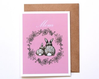 Bunny Rabbit Mothers day card, Easter card for Mom, Cute Animal Mothers day card, Bunny Buns, Elegant Floral Card for Mom, Mom birthday Card