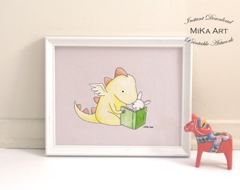 Dragon Nursery Wall Art, Dragon & Bunny Reading Book, Printable Watercolor Illustration Print, Kids Room Wall Décor, Instant Download print