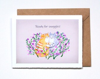 Katzen Jahrestag Karte, orange orange und grau getigerten Kuschel, Romantische Blumen Illustration