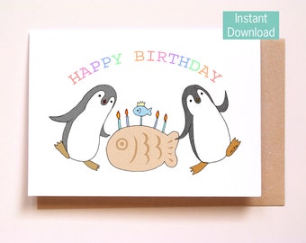 Penguin Birthday Card, Instant Download Printable Card, Penguin Lover gift, Funny Penguin Fishcake, DIY Digital Art print, Last minute gift