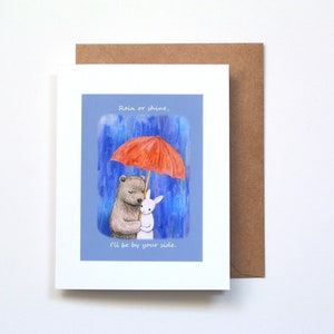 Bear bunny Anniversary card, Forever Love Gift, 1st anniversary gift, Rain or shine I'll be your side, Couple Art, Romantic Valentine Card