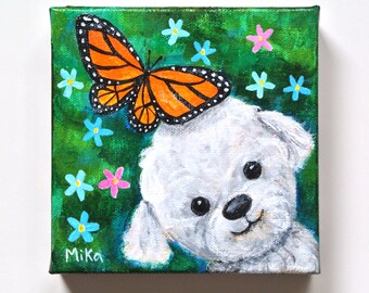 Original Painting of Little White Dog with Monarch Butterfly, Dog portrait, Cute Puppy Art, Toy Poodle Gift, Bichon Frise, Maltese, Shih tzu