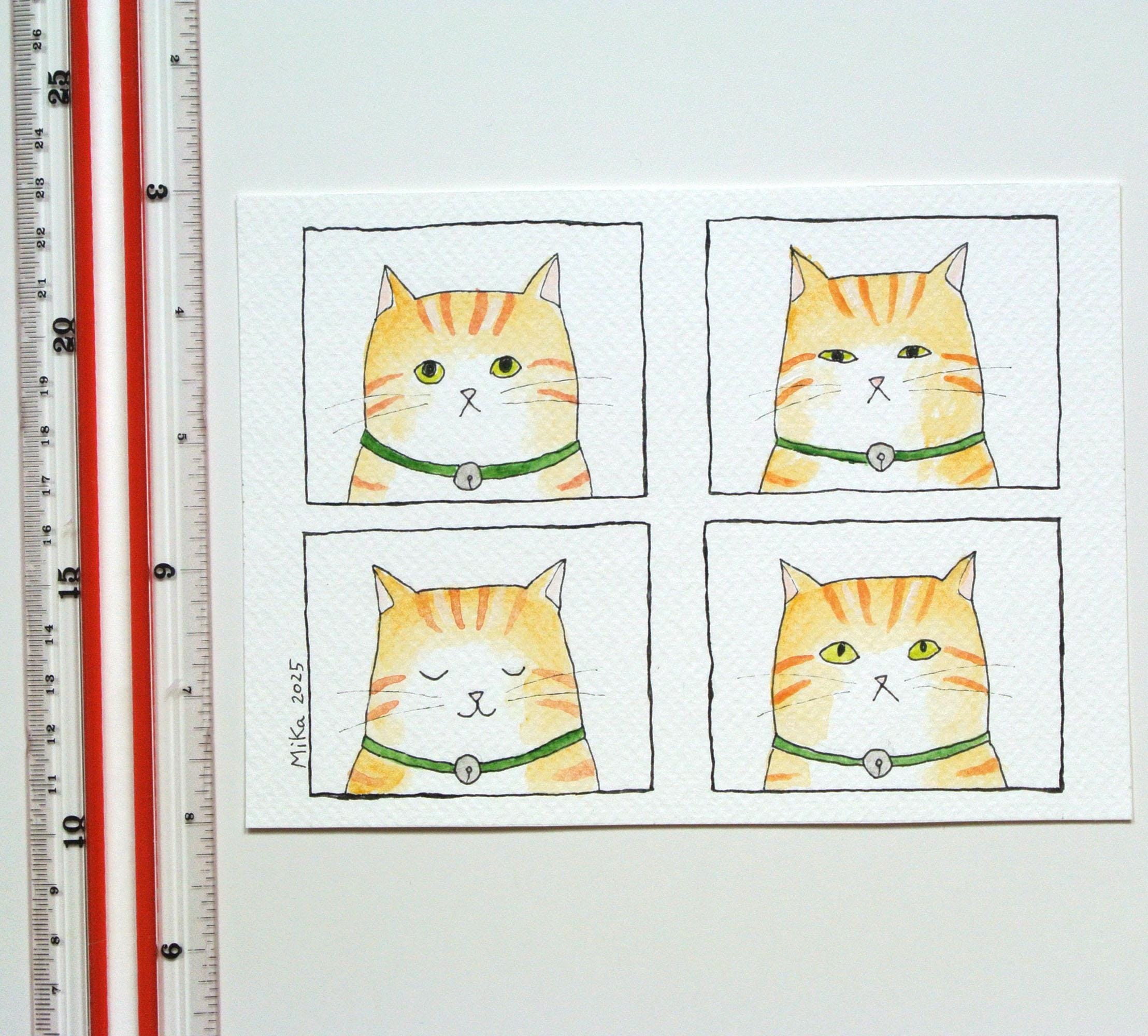 【トラ猫さん　オレンジ】ハガキサイズ　額無し☆　絵画　イラスト　猫絵　猫　アート オレンジのぶち猫アート：スローブリンクミクストメディアイラスト