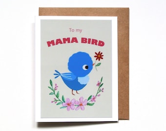 Little Bird Mothers day card, To my Mama Bird, Simple Mothers day gift, Retro Cute Baby Blue bird card, Flower for mom, Mom birthday Gift