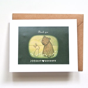 Cartão de agradecimento de urso e coelho, Cartão de agradecimento especial de casal, Cartão de agradecimento de casamento de conto de fadas na floresta, Arte de coelho e urso, MiKaArt