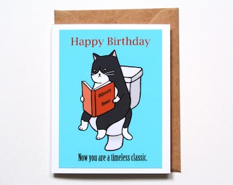 Cat birthday card, Funny birthday Card for Booklover, Cat lover gift, 40th, 50th, 60th Big Birthday Card, Grumpy cat, Bookworm Birthday gift