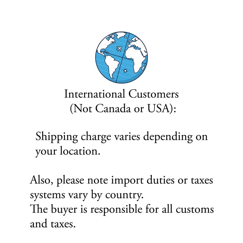 Op de afbeelding: Een grafische illustratie van een blauwe wereldbol met een klein vliegtuigicoontje, vergezeld van de tekst: International Customers (Not Canada or USA): Shipping charge varies depending on your location. Also, please note import duties or taxes systems vary by country. The buyer is responsible for all customs and taxes.