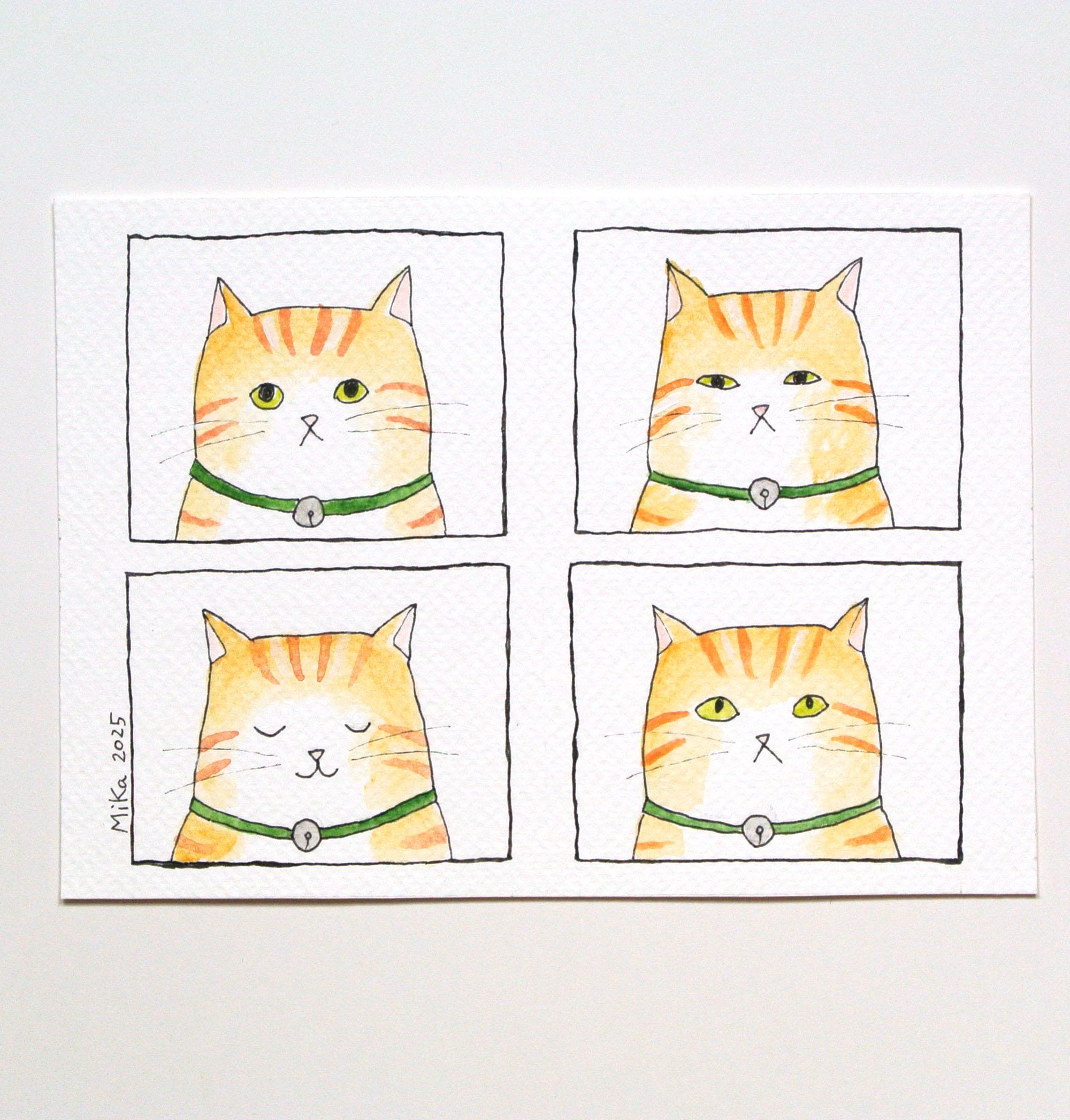 オレンジのぶち猫アート：スローブリンクミクストメディアイラスト