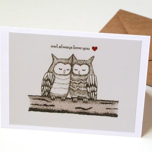Carte d'anniversaire de hibou, portrait de couple, hibou t'aime toujours, carte de jeu de mots animal mignon, carte de Saint-Valentin d'amour de geek, cadeau d'amant de hibou, art de dessin de hibou