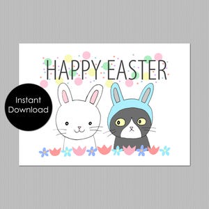 Carte de Pâques drôle, carte de Pâques imprimable, mignon lapin de Pâques et chat, cadeau pour amoureux des chats, créations faciles pour les enfants des vacances de mars, cadeau de Pâques amusant