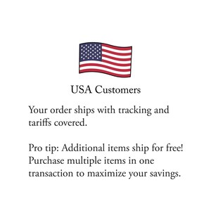 Op de afbeelding: Een grafische illustratie van de vlag van de Verenigde Staten met een blauw kanton met witte sterren en dertien horizontale rode en witte strepen, boven de tekst USA Customers, Your order ships with tracking and tariffs covered.