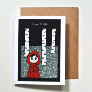 Halloween Birthday Card, Little Red Riding Hood in Spooky Forest, Dark Fairy Tale illustration, Autumn Birthday Creepy Cute Greeting Card