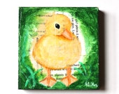Baby Duck ORIGINAL PAINTING Original Collage Illustration Lemon Yellow Green Cute Baby Duck Unique Rustic Home Wall Decor Nursery Art MiKa