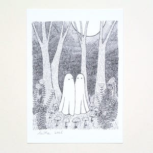 May include: A black and white ink illustration on paper depicting two ghost figures standing in a forest clearing surrounded by mushrooms, ferns, and tall trees under a moon. The artwork is signed and dated "Mikka 2026" in the bottom left corner.