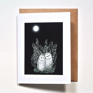 Carte de voeux chouette effraie des cloches, cadeau d'anniversaire sophistiqué, art magique de la forêt sombre, cadeau d'amant de chouette carte d'amour mystique, carte de Saint-Valentin élégante,