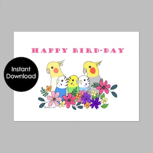 Carte d'anniversaire calopsitte, carte imprimable en téléchargement immédiat, cadeau pour amateur de perruche calopsitte, Happy Bird Day, portrait d'oiseau de compagnie mignon, impression numérique
