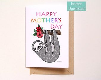 Printable Mothers Day Card, Sloth Lover gift, Rainbow Mother's day Card, DIY Craft, Instant Download, Last Minutes Mother's Day gift, MiKa