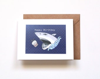 Carte d'anniversaire requin, carte d'anniversaire drôle, cadeau pour amoureux des requins, cadeau d'anniversaire pour homme, impression d'art sombre, cadeau pour amoureux de la plage océan, carte message personnalisée