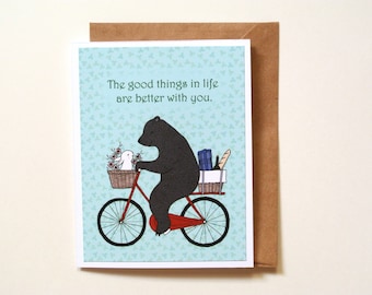 Bear and bunny Anniversary card, Gift for Him, Gift for Her, Cute animal love card, Bear and Rabbit on bike, Bicycle art, Valentine day card