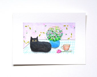 Black Cat on the Table, ORIGINAL Hand-painted artwork, Unique Mothers day gift, Direct from artist, One of a Kind Cat Painting, Pet Portrait