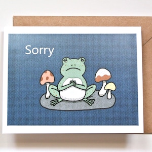 Carte désolé grenouille, crapaud avec impression de champignons, carte d'excuses mignonne, trucs de sorcière de noyau de gobelin de la forêt sombre, carte désolée drôle, cadeau d'amitié, MiKa
