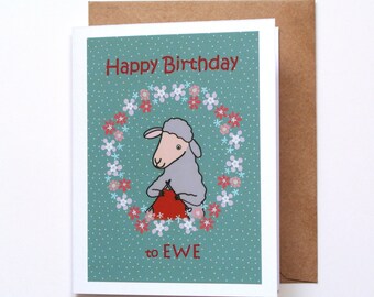 Sheep Birthday Card, Whimsical Knitters Gift, Animal Pun Greetings