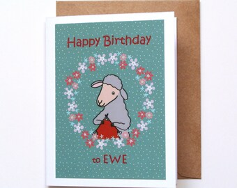 Sheep Birthday Card, Happy Birthday to Ewe, Knitters birthday Gift, Funny knitting birthday card, Animal Pun Card, Cute Sheep knitting, MiKa