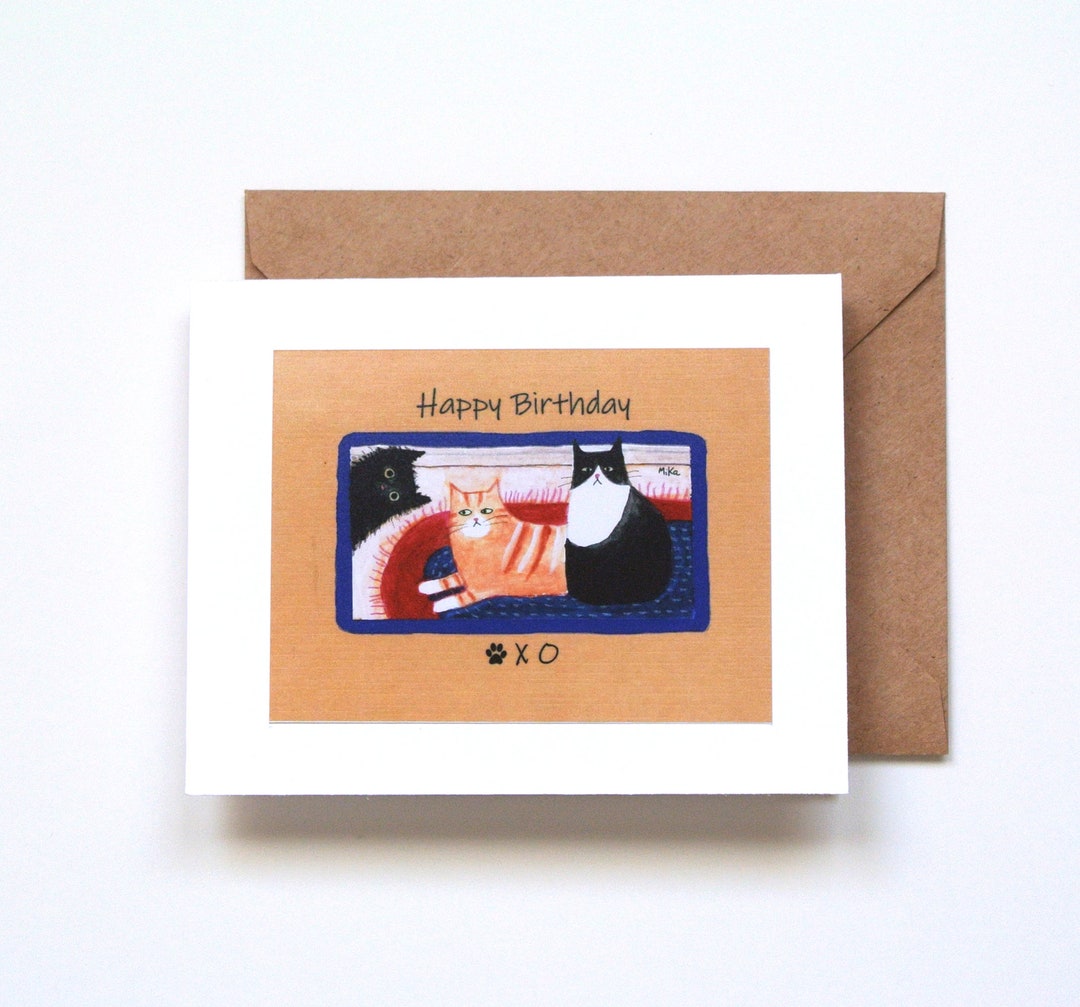 Happy Birthday Card With Cats, Cute Handmade Cat Lovers Greeting Card ...