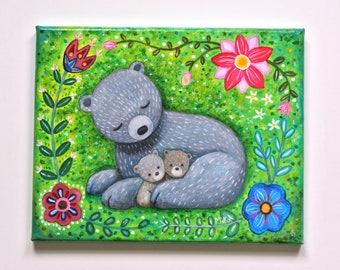 Original Folk Art Painting of Mama Bear, Unique Mothers day gift, Ready to Hang Décor, Thank you mom, Woodland Nursery Art, Baby Shower Gift