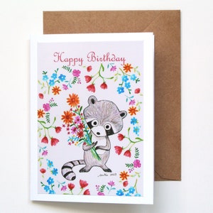 Carte d'anniversaire raton laveur, jolie carte de voeux animal des bois, art dessiné à la main de créature de la forêt, blanc à l'intérieur, carte d'anniversaire nature pour enfant et adulte