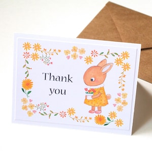 Carte de remerciement faite main, lapin en robe jaune avec fleurs, impression d'illustration aquarelle de lapin, carte de voeux animal mignon, blanc à l'intérieur