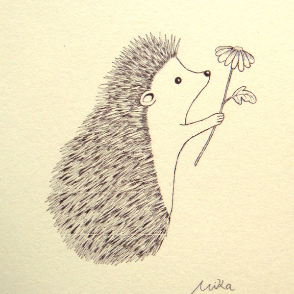 Hedgehog Illustration Print Ink Drawing Print Black & White Wall Art Woodland Cute Nursery Print Rustic Home Wall Decor Love Illustration