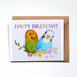Carte d'anniversaire perruche, carte Happy Bird, carte d'anniversaire arc-en-ciel, cadeau d'anniversaire pour amoureux des oiseaux de compagnie, impression de peinture aquarelle de perruches ondulées mignonnes