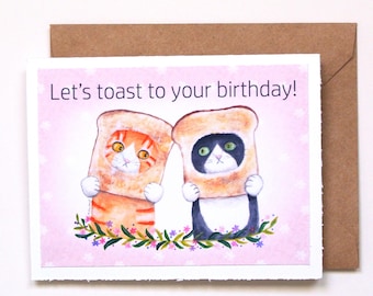 Funny Cat Birthday Card: Toast Cats Pun, Handmade Greeting