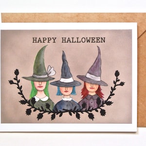 Carte Halloween trois sorcières, illustration de sorcière gothique mignonne fantasmagorique, carte de voeux joyeux Halloween, carte Halloween pour ami, sorcière automne