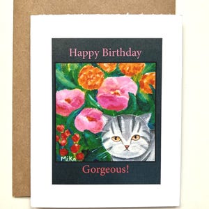 Cat Birthday Card for Her, Floral Birthday Card with Gray Tabby Cat Art, Cute Animal Greeting Card, Happy Birthday Gorgeous, Cat Lover Gift