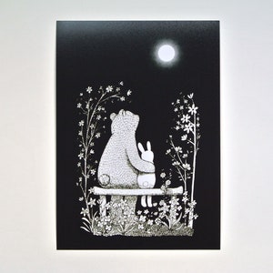 Impresión de oso y conejo, regalo de aniversario para ella, regalo único de San Valentín, retrato de pareja como oso y conejo, regalo de bodas, decoración de pared para parejas