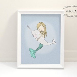 Mermaid and Narwhal Digital Print, Instant Download, Baby Shower gift, DIY Mermaid Nursery Art, Printable Home Décor, Kids Room Wall Art