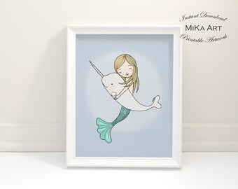 Mermaid and Narwhal Digital Print, Instant Download, Baby Shower gift, DIY Mermaid Nursery Art, Printable Home Décor, Kids Room Wall Art