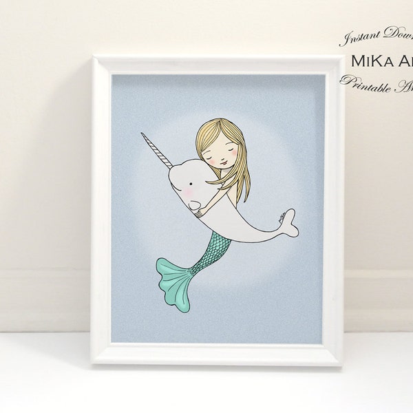 Mermaid and Narwhal Digital Print, Instant Download, Baby Shower gift, DIY Mermaid Nursery Art, Printable Home Décor, Kids Room Wall Art