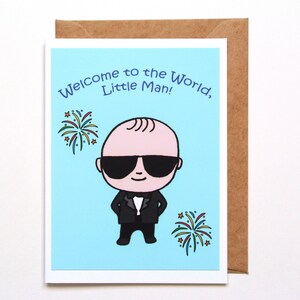 Carte de naissance amusante, carte de baby shower pour garçon, Bienvenue dans le monde, petit homme, cadeau de félicitations pour bébé, carte de message personnalisée, MiKaArt