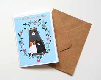 Mothers Day Card, Cat lover mother gift, Queen Mama Cat with two kittens, Cute animal card for mom of 2, Funny card for mom, We love you mom