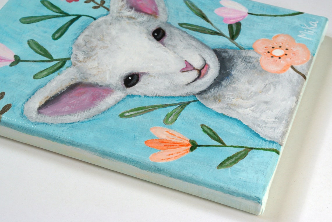Lamb Original Painting on Canvas Sheep with Flowers Art Etsy