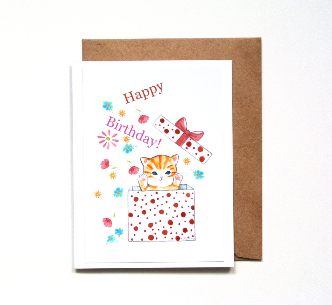 Cute Kitten Birthday Card, Colorful Floral Birthday Card for Women ...