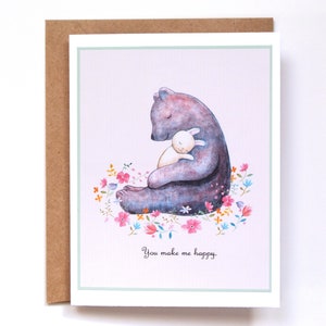 Carte d'anniversaire ours et lapin, jolie carte je t'aime, vous me rendez heureux, doux gros ours et lapin blanc, carte d'art doux amour inconditionnel