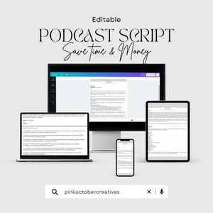 Puede incluir: Una maqueta digital de un guion de podcast que se muestra en una computadora de escritorio, una computadora portátil, una tableta y un teléfono inteligente. El texto "Editable Podcast Script Save Time & Money" está en la parte superior. Una barra de búsqueda en la parte inferior dice "pinkoctobercreatives".
